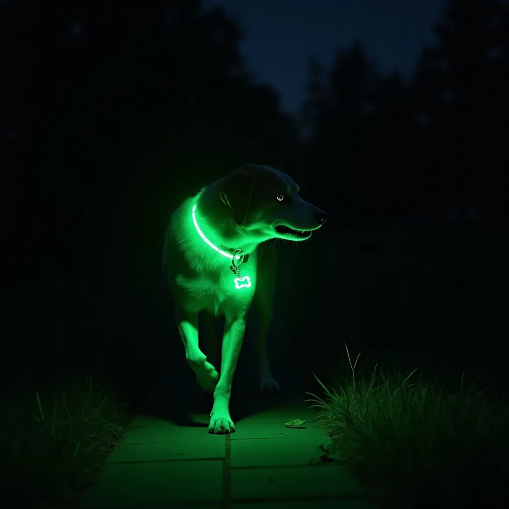 A dog walking at night wearing a glowing green tag on its collar